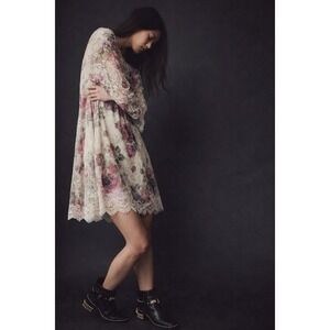 Origami Floral Lace Mini Dress S Pink Cream Boho Romantic Sheer